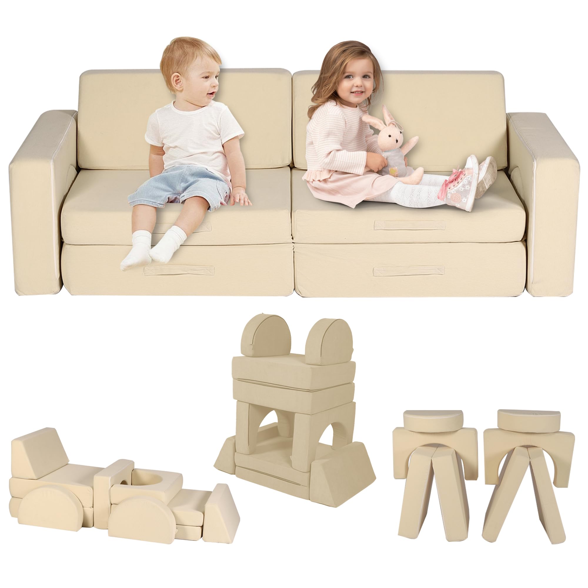 Modular Kids Play Couch, Modular Toddlers Couch for Playroom Bedroom Living Rooms, 10 in 1 Multifunctional Kids Sofa for Playing, Sleeping, Kid Furniture for Gift, Corduroy Fabric, Beige