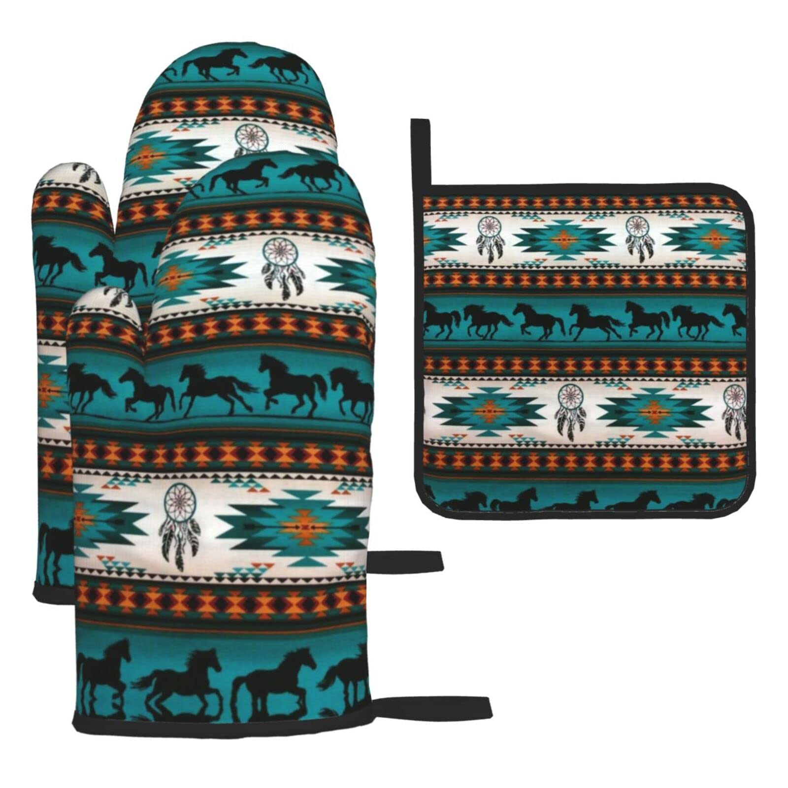 Horse Oven Mitts and Pot Holder Kitchen Set for Grilling, Cooking, Baking, Heat Resistant