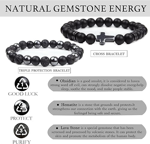 Miniatura 3 de Black Obsidian Bracelet - Cross Bracelet - Tourmaline Beaded Bracelets, 8MM Black Onyx Hematite Lava Stone Beads Triple Protection Bracelet for Men