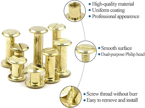 Miniatura 3 de Juego de 90 tornillos Chicago surtidos, 5 tamaños, remaches de cuero dorado de 0.197 in, remaches de tornillo planos, postes de encuadernación de