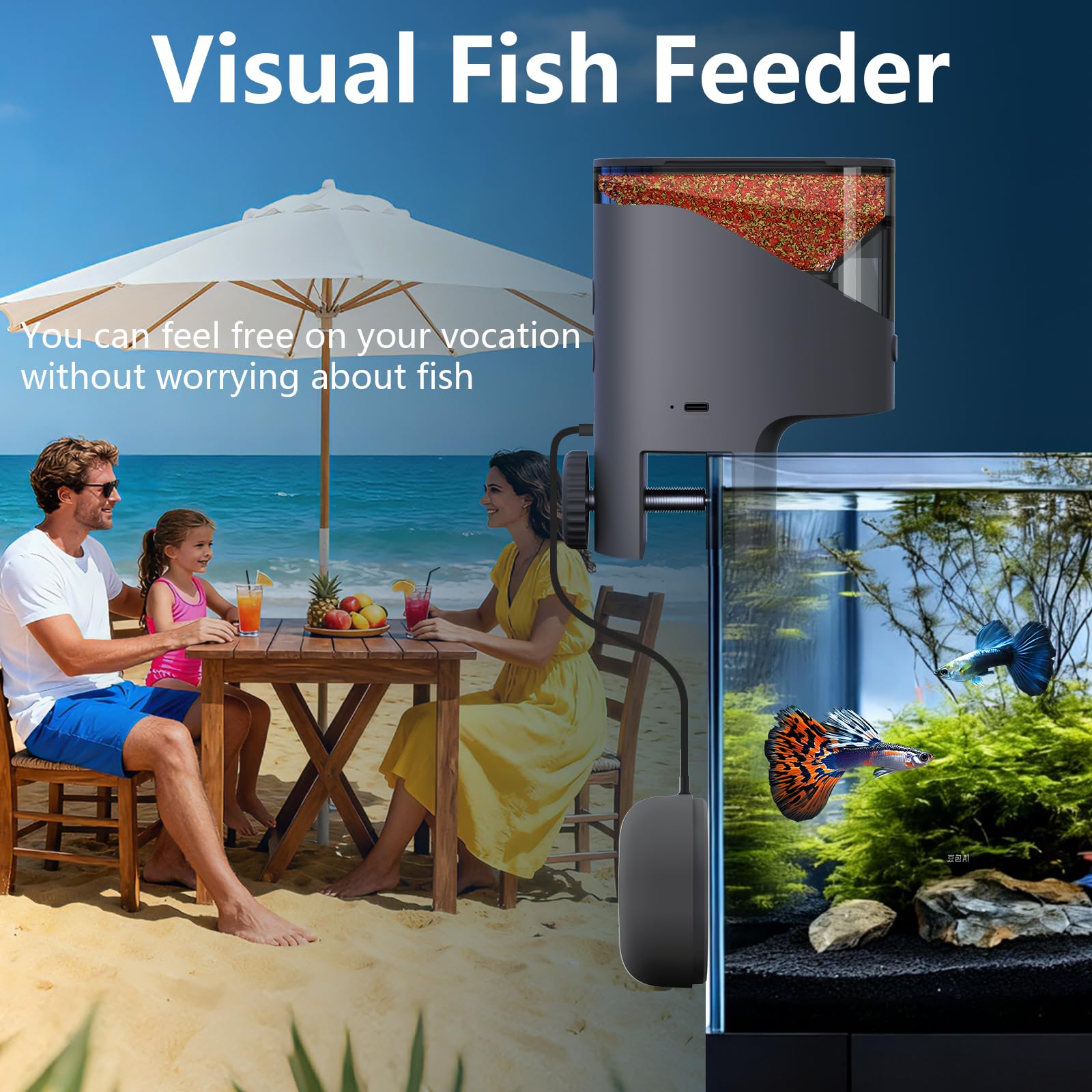 Mangiatoia Pesci WiFi Telecamera 2.5K HD Dosaggio Precisione 0,2g Anti-Intasamento Serbatoio 200ML Anti-Umidità Programmabile Acquario