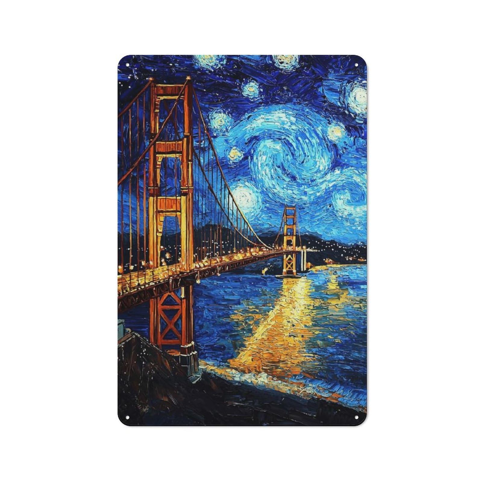 Junmoney Golden Gate Bridge Starry Night Vintage Tin Sign 30X20cm With For Studio Or Craft Room, For Garage, Workshop And Man Cave Decoration