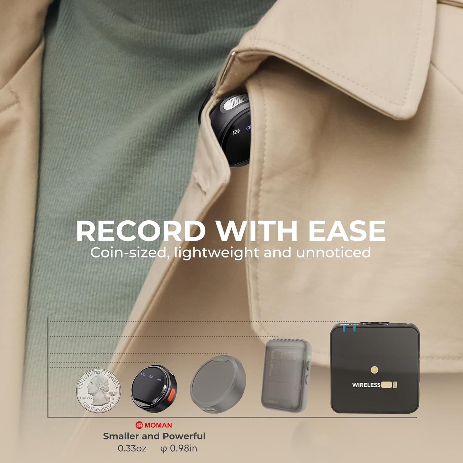 Moman Wireless Lavalier Microphone for iPhone/Android/Camera/Laptop/PC, Mini Clip/Magnetic Microphones for Lightning/USB-C/3.5mm, Active Noise Cancellation Lapel Lav Mic, 48H for Video Recording