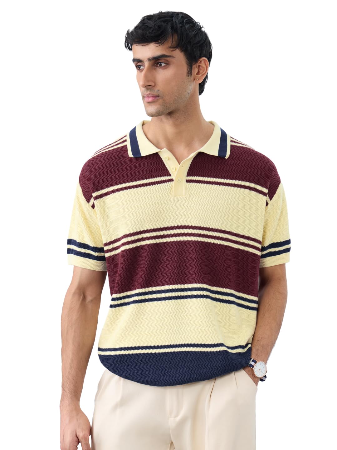 the souled store Jacquard Polo: Red Velvet Men and Boys Short Sleeve Spread Collar Yellow Maroon and Navy Striped Cotton Textured Knit Breathable Everyday Oversized Polos-picture-38