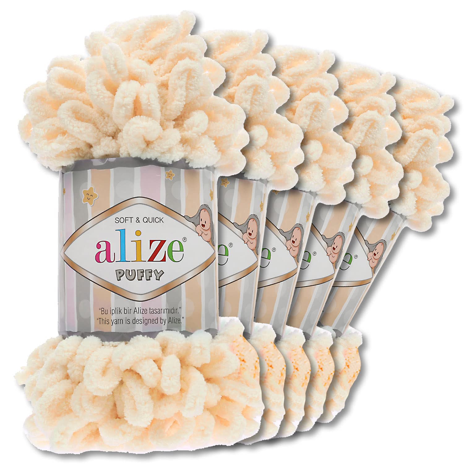 Alize Puffy Wool Chenille Loop Wool, 5 x 100 g, Crochet and Knit without Tools, Clothing, Accessories, Blankets, Rugs (742 | Peach)