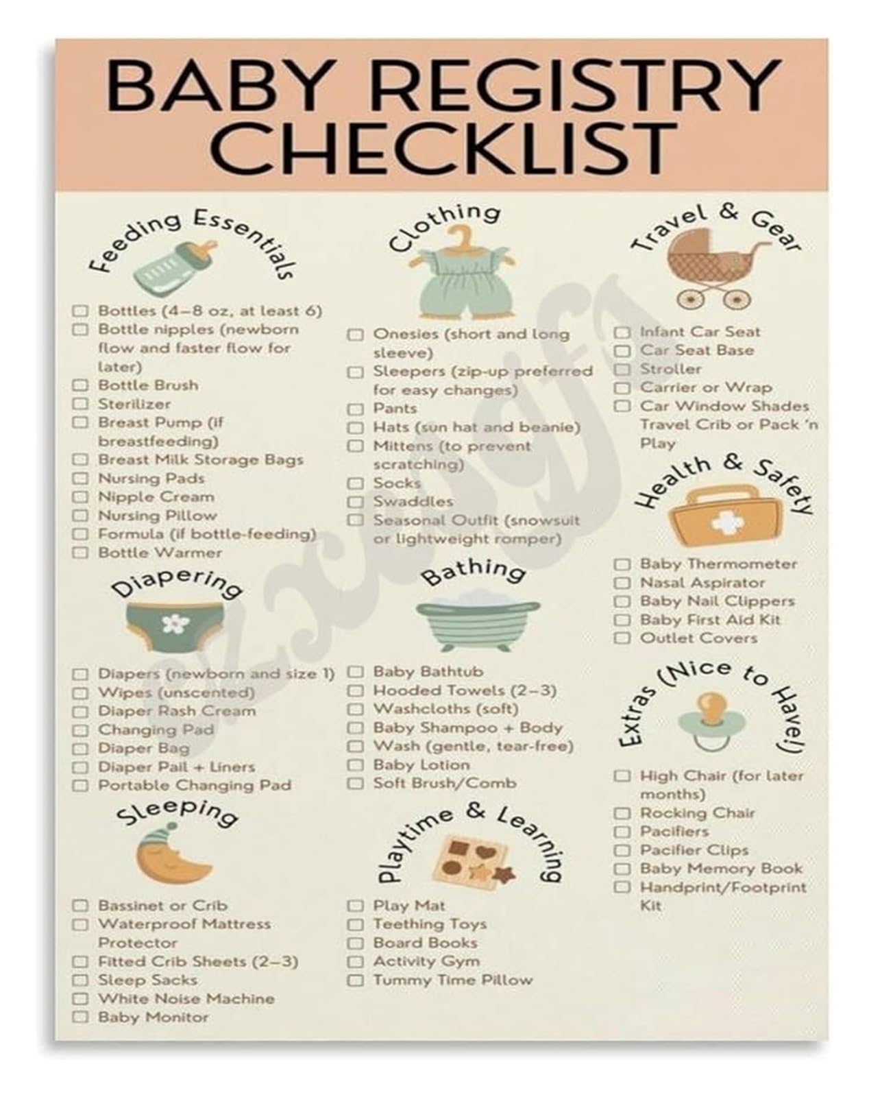 NWPNLXEA Ultimate Registry Checklist Poster Newborn Must Have Guide for Parents Pregnancy Planning Wall Decor Framed,08x12inch(20x30cm)
