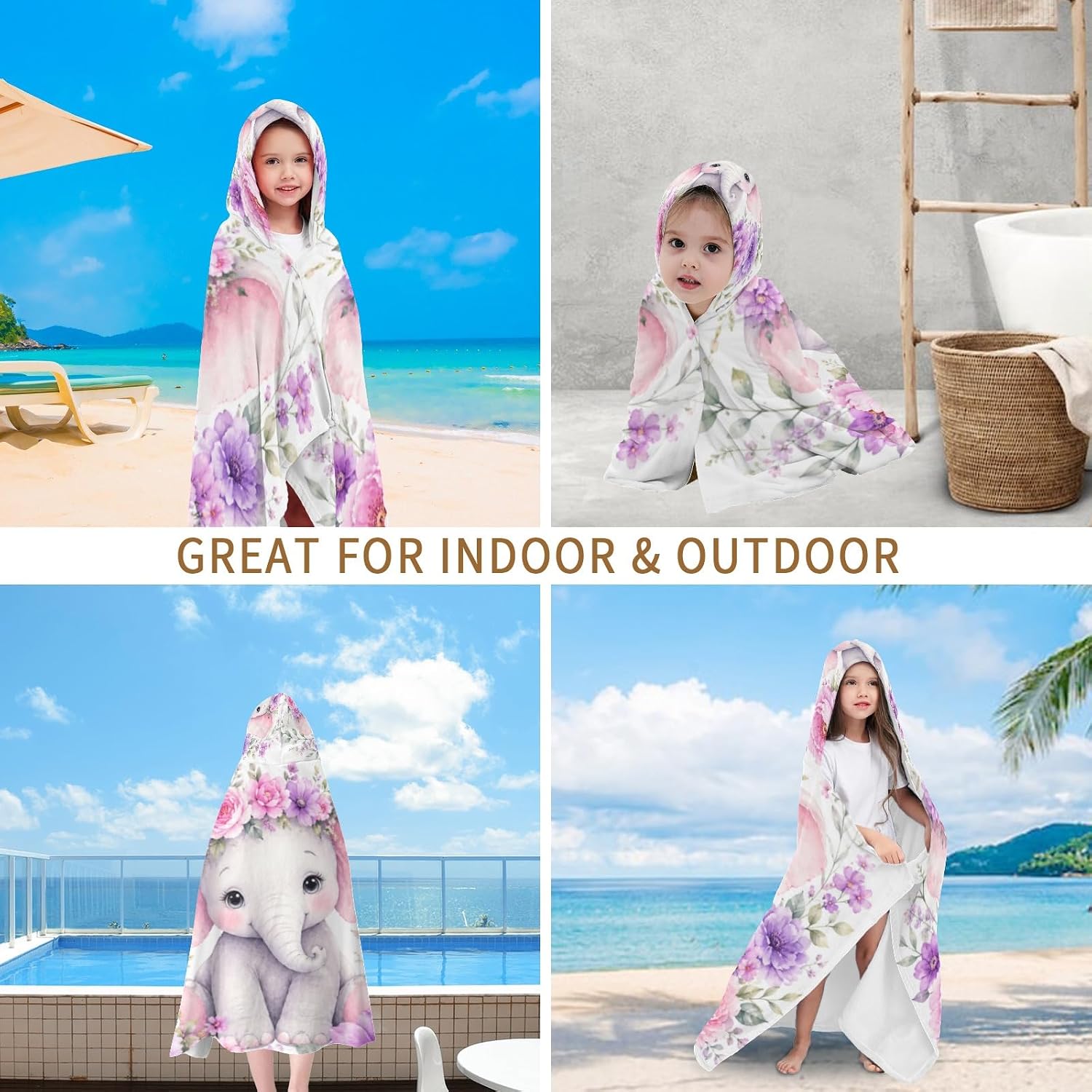 Custom Watercolor Floral Elephant Hooded Bath Beach Towel,Oversize 50"x30" Beach Bath Pool Hood Towel for Kids Gifts