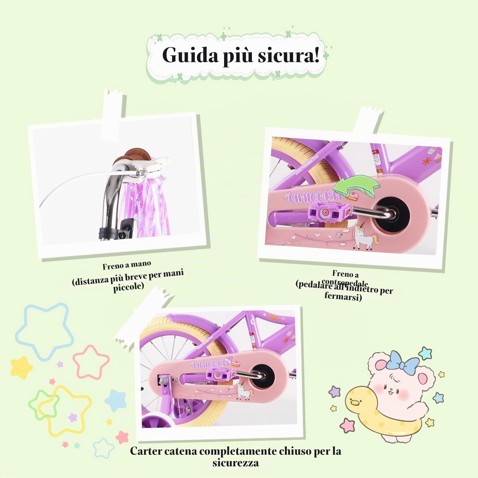 RULLY Bicicletta da bambino da 12 14 16 pollici per bambine da 2 a 7 anni con ruote stabilizzatrici, freno anteriore, cestino, nastri decorativi