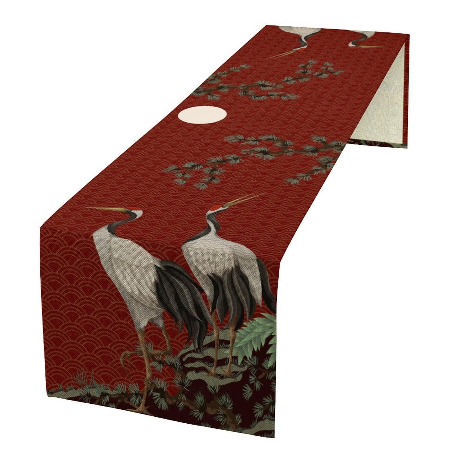 Janjcurt Asian-31 Chinoiserie Crane Table Runner, Asian Japanese Crane Pine Tree Branchs Full Moon Kitchen Dining Table Runner For Indoor Outdoor Home Party Decor, 13X36inch