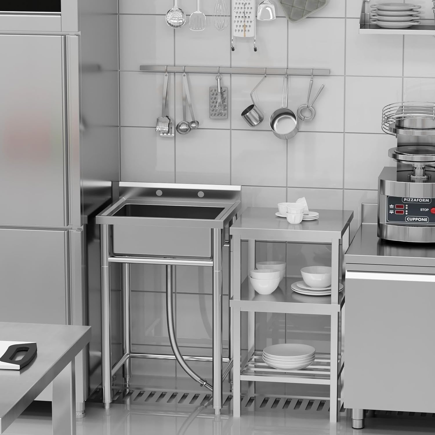 Freestanding Single Bowl Sink, NSF Commercial Kitchen Utility Sink Set with Workbench, Stainless Steel Sink for Kitchen, Bar, Garage, Backyard (28 in)