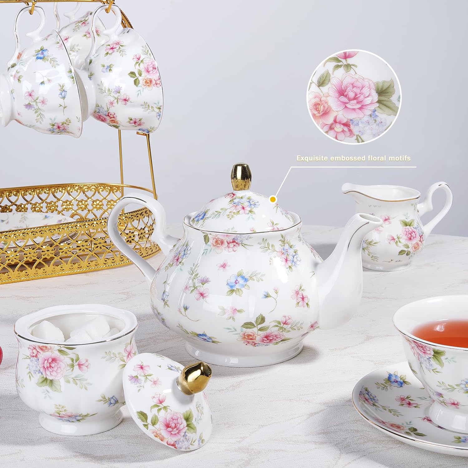 fanquare 21 Pieces Pink Blue Floral Porcelain Tea Set with Gold Trim, British Style Coffee Set for Adults, Vintage Romantic Gift Tea Sets for Wedding, Birthday, Women Tea Party - Image 3