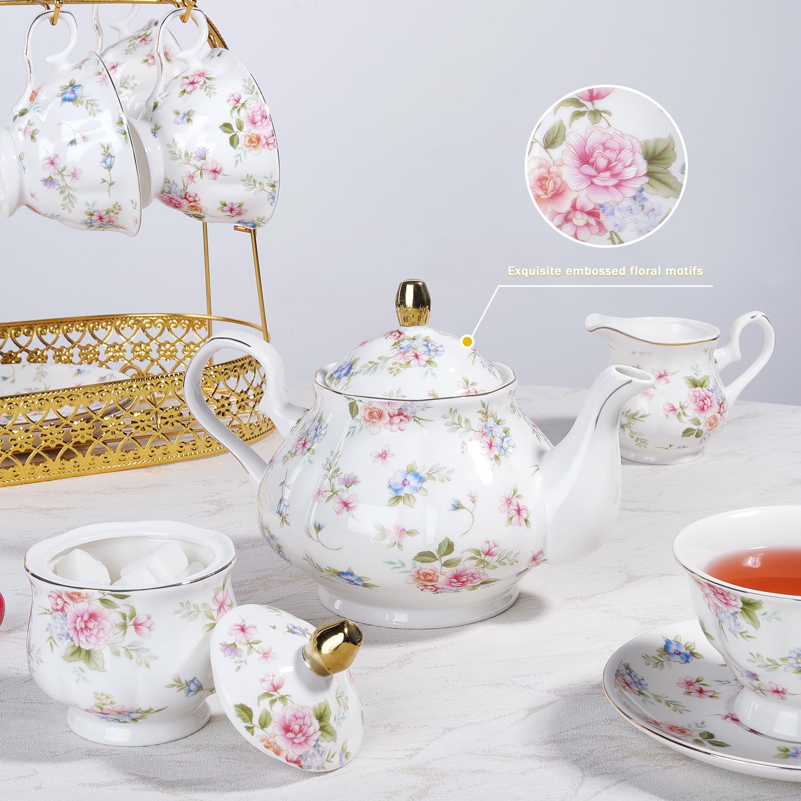 fanquare Blue Floral Cups and Saucer Sets of 6 Bone China Vintage
