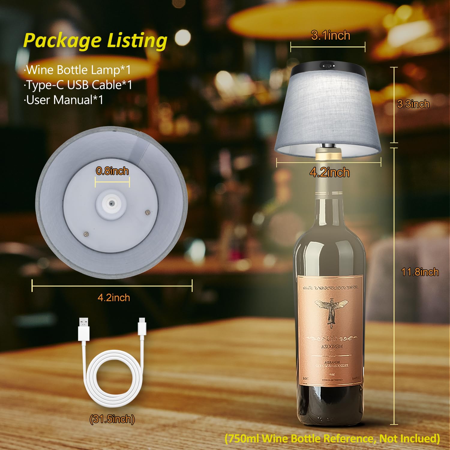 2025 Nuova lampada per bottiglie - Luci LED per bottiglie di liquore e vino, paralume senza fili, luce superiore per bottiglia di whisky, kit luce notturna con tappo per bottiglia, ricaricabile