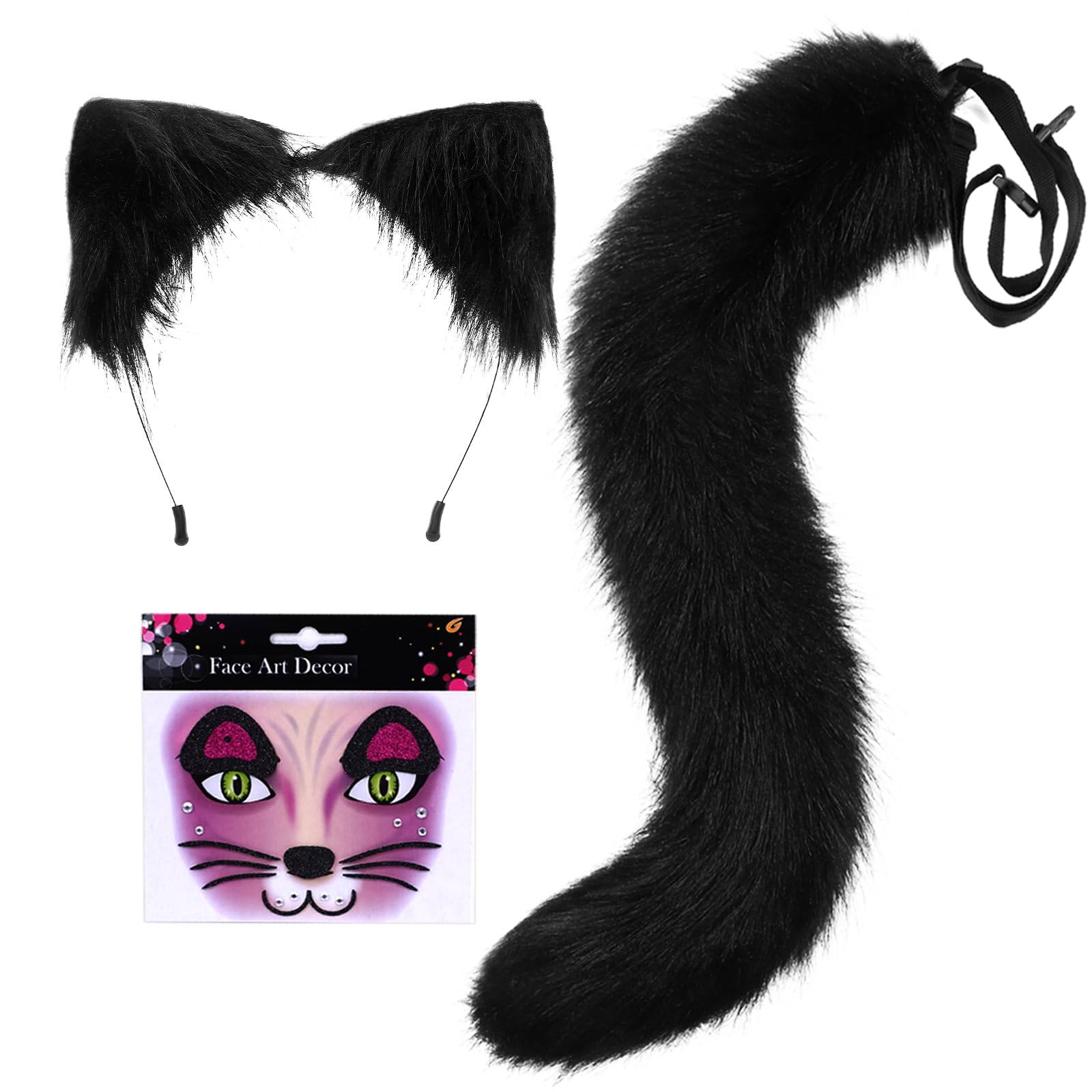 Tacobear Disfraz Gato Niña Mujer con Diadema Orejas de Gato y Cola Pegatinas Cara Disfraz Halloween Carnaval Cosplay Animales Gato Zorro Cola para Niños Adultos (Negro)