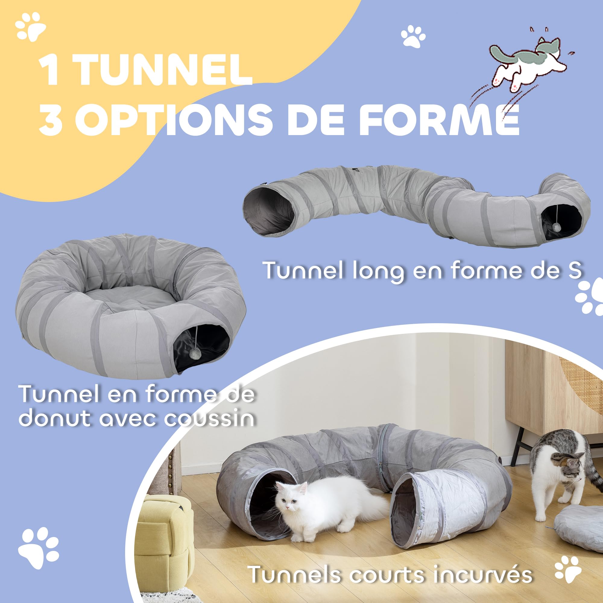PawHut Tunnel pour Chat intérieur, Rond Tunnel avec lit Pliable avec Coussin, Trous pour balles et Judas, en Tissu suède Doux, Jeux interactifs pour Chatons, Chiots, Lapins et Petits Animaux, Gris