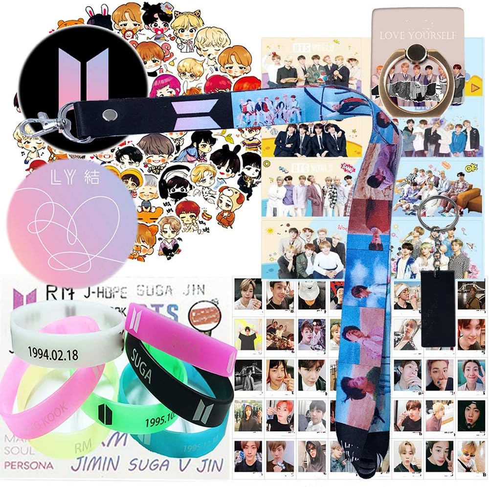 Fans Set - 1 Wristlet Lanyard Keychain, 8 Ins Cards, 7 Silicone Bracelet, 1 Phone Ring Stand, 1 Keychain, 40 Lomo Card, Set of 63 Piece Laptop Stickers, 2 Button Pin, 1 Tattoo Sticker