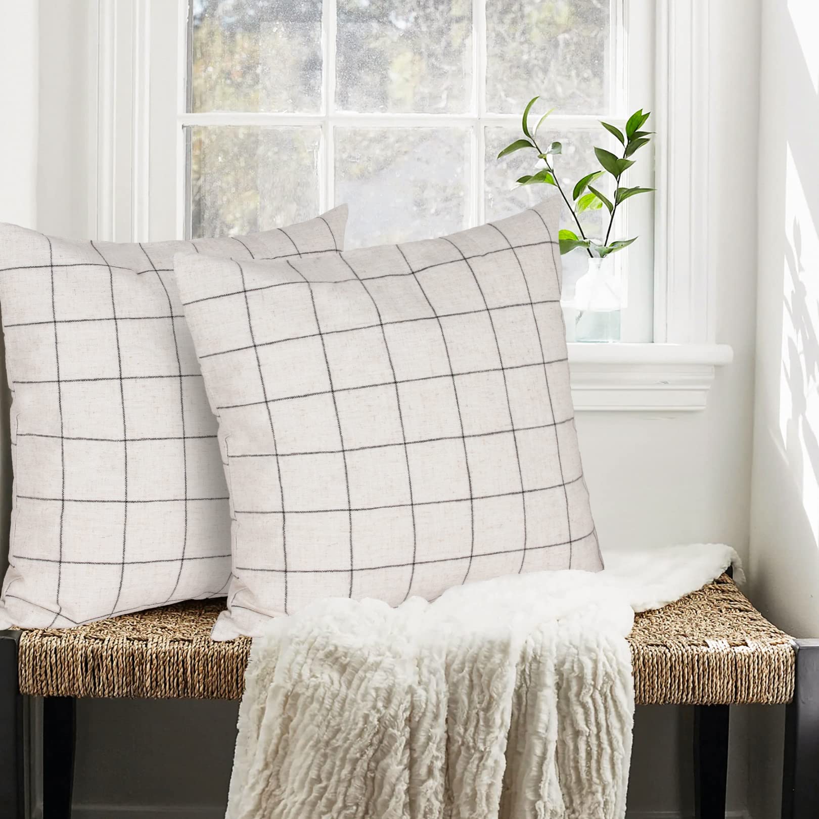 Basic Model Set of 2 Plaid Throw Pillow Covers Modern Farmhouse Decorative Square Linen Pillow Case for Sofa Couch Bed 24 x 24 Inch Beige and Black