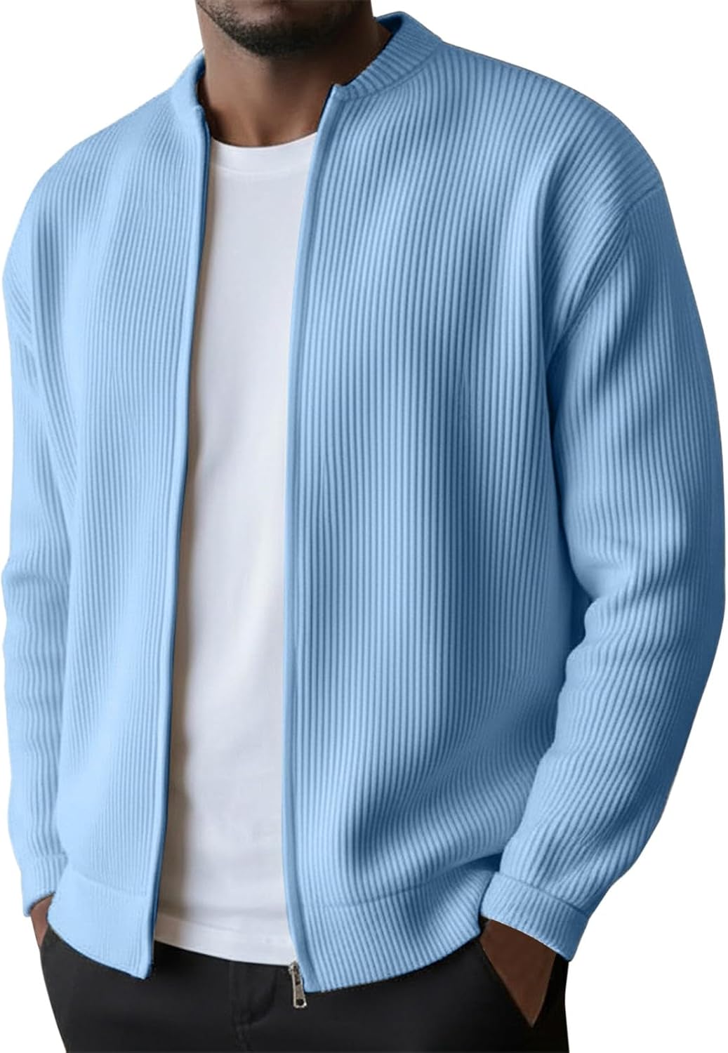 Mens Full Zip Cardigan Sweater Casual Mock Neck Ribbed Knitted Winter Chunky Sweaters