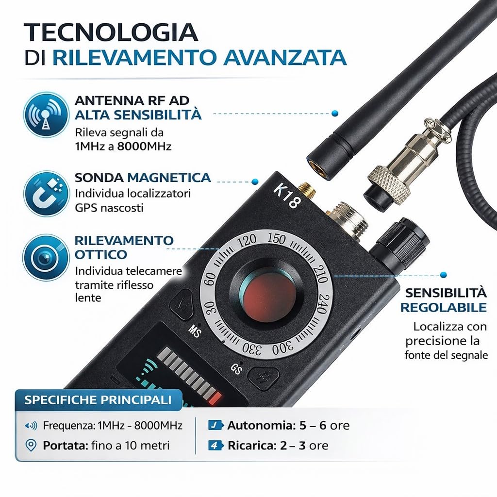Detector de microespías K18 Anti Spy Detector RF GPS Cámaras Ocultas 1MHz-8000MHz Sensibilidad Ajustable Batería Recargable Portátil - CW1023