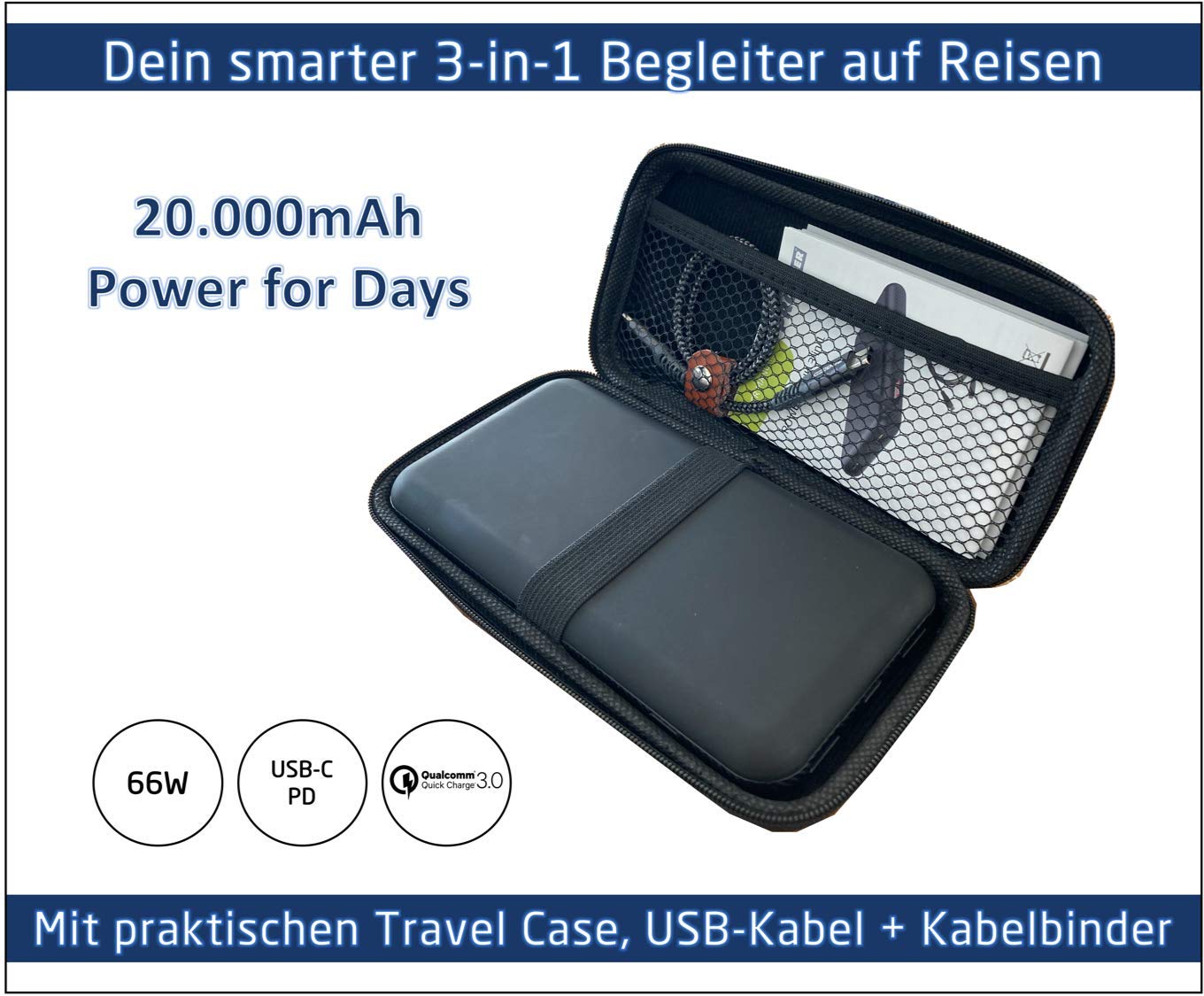 Pro User Batterie externe 3 en 1 + hub USB + lecteur de carte SD ; batterie haute performance de 20,100 mAh : 30 W USB-C Power Delivery Plus 2 x 18 W USB-A, câble USB et étui de voyage inclus : charge