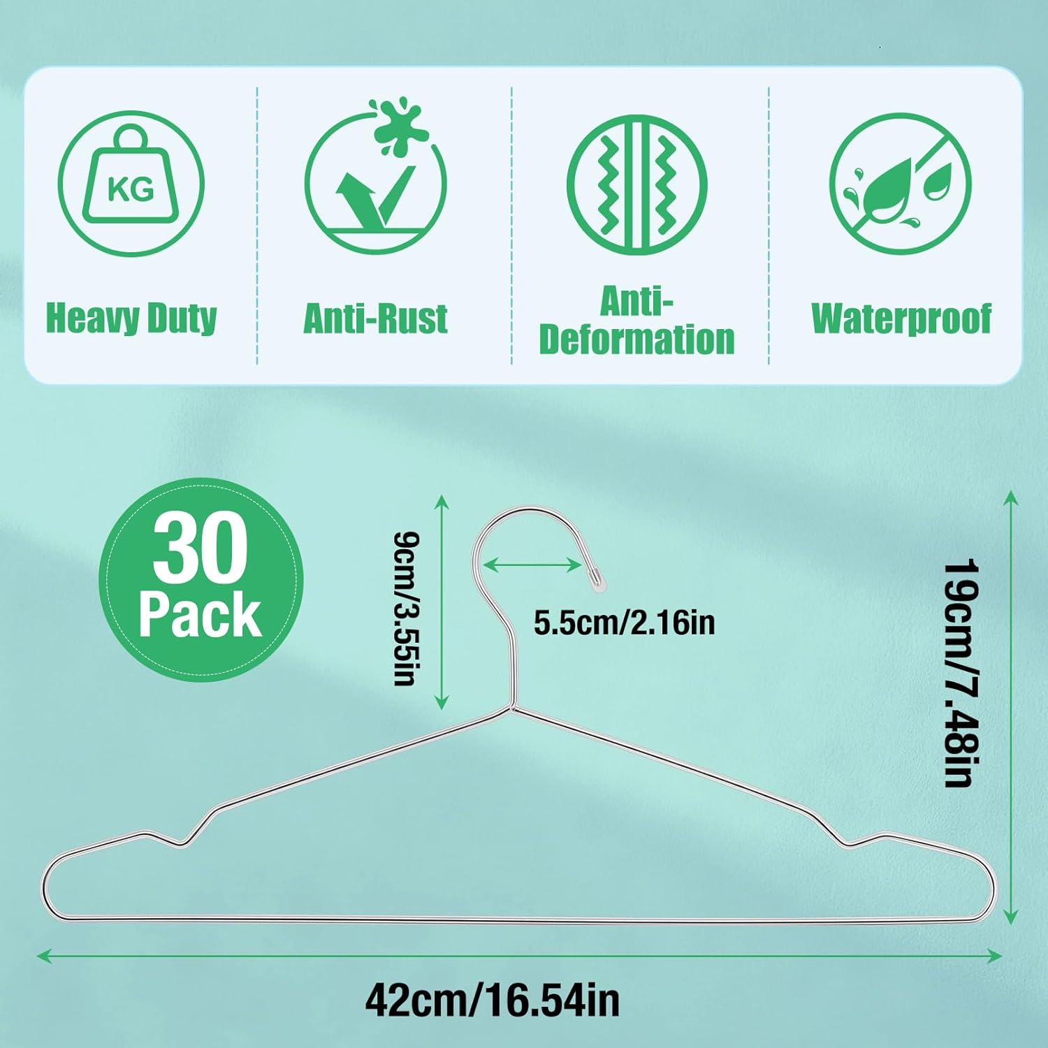 Jeffbaubl 30 Pack Wire Hangers, 16.5 Inch Stainless Steel Coat Hanger, Metal Clothes Hangers with Non Slip Notch, Heavy Duty Closet Hanger Ultra Thin Space Saving for Hanging Coats Shirts T-Shirt