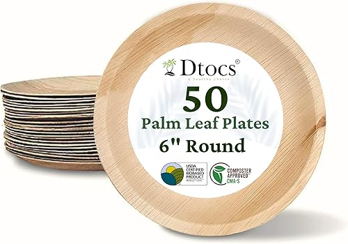 Platos de hoja de palma redondos de 6 pulgadas (50) | Platos de bambú desechables de aspecto compostable para cócteles, aperitivos, postres, mini
