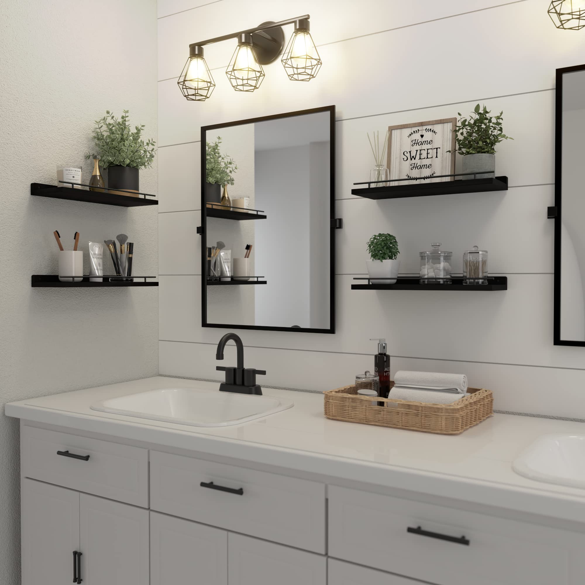 WOPITUES Floating Shelves with Black Metal Rail, 4 Set Shelves for Wall Decor, Modern Wood Wall Shelves for Bathroom, Bedroom, Living Room, Kitchen, Plants, Books, Picture Frames- Black