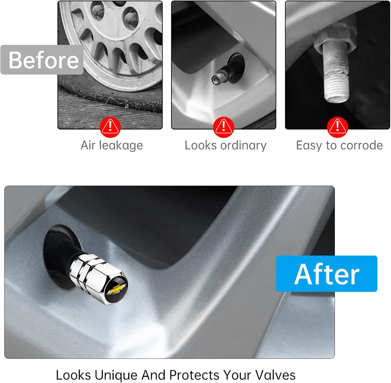 Tire Valve Stem Caps for Chevy Series Stem Cap Universal Car Air Cover Car Accessories for Cars, SUV, Truck, Motorcycles Silver image 3