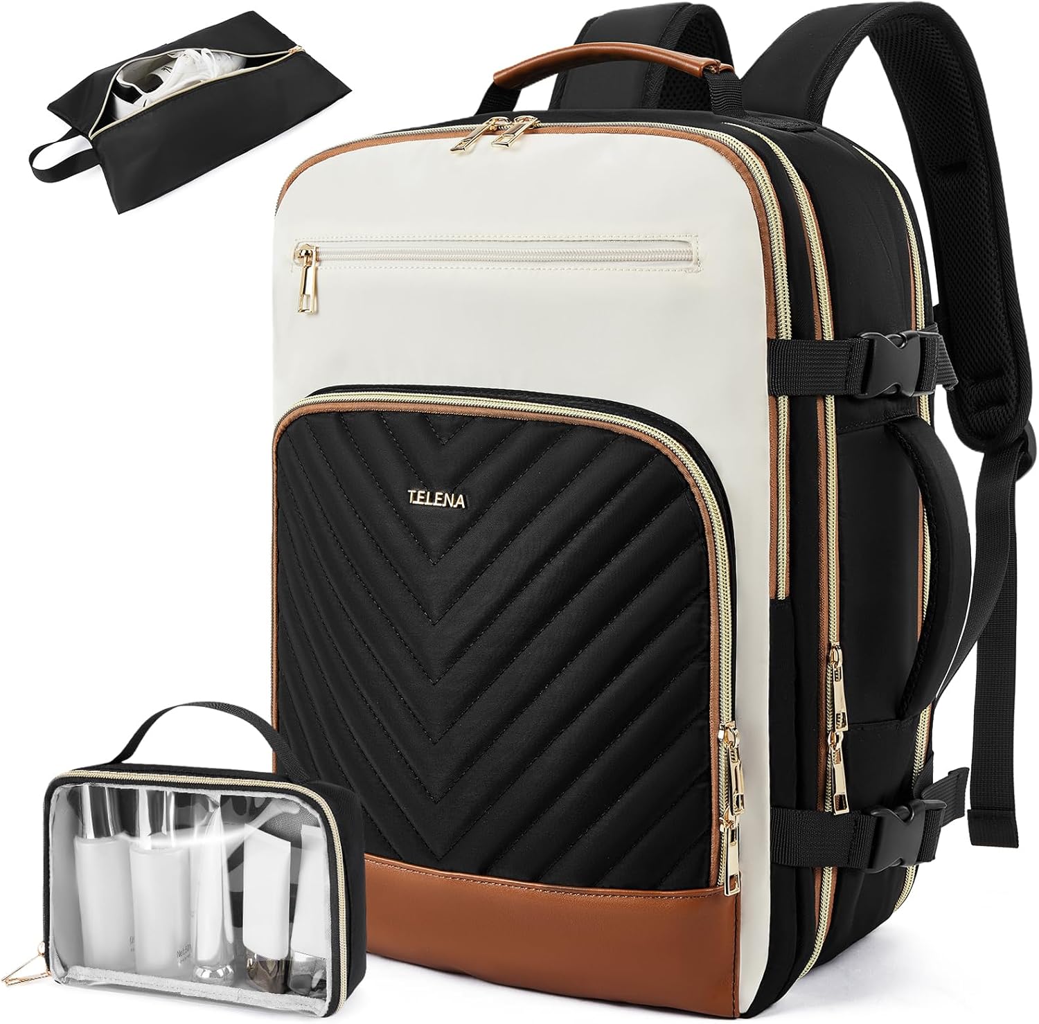Telena Travel Backpack for Women, 17.3 inch Laptop TSA Carry On Personal Item Size Flight Approved Travel Bag Daypack with Multi-Pockets for Work, Travel, Business, Black-Beige-Brown