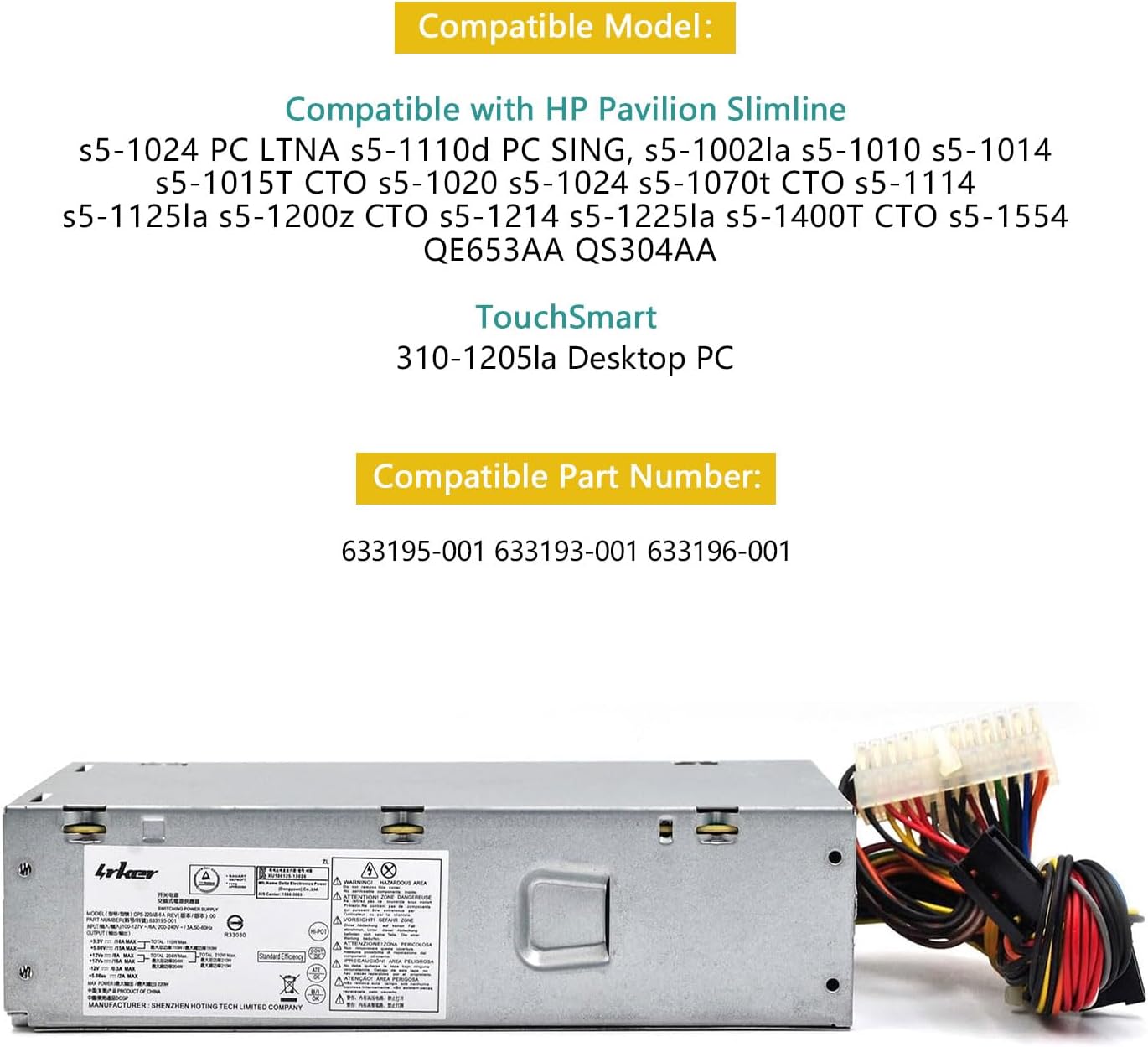220W Power Supply Unit for HP Pavilion Slimline S5 Series, S5-1xxx TouchSmart 310-1205la Desktop PC, PCA222 PCA322 FH-ZD221MGR, 633193-001 633195-001 633196-001