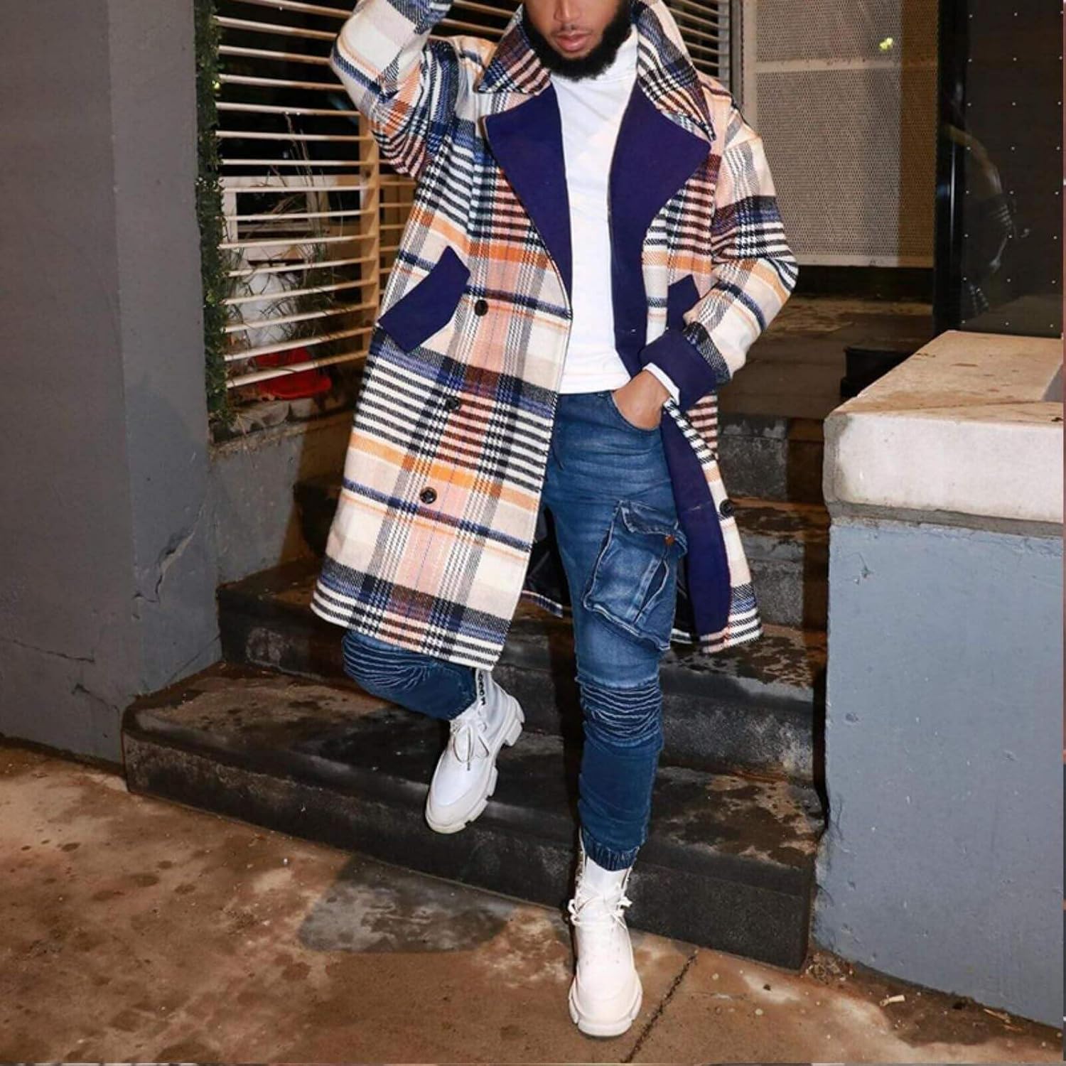 Men's Plaid Long Trench Coat Mid - Length Lapel Collar Button Down Warm Overcoat for Winter & Autumn Fashion - Image 5