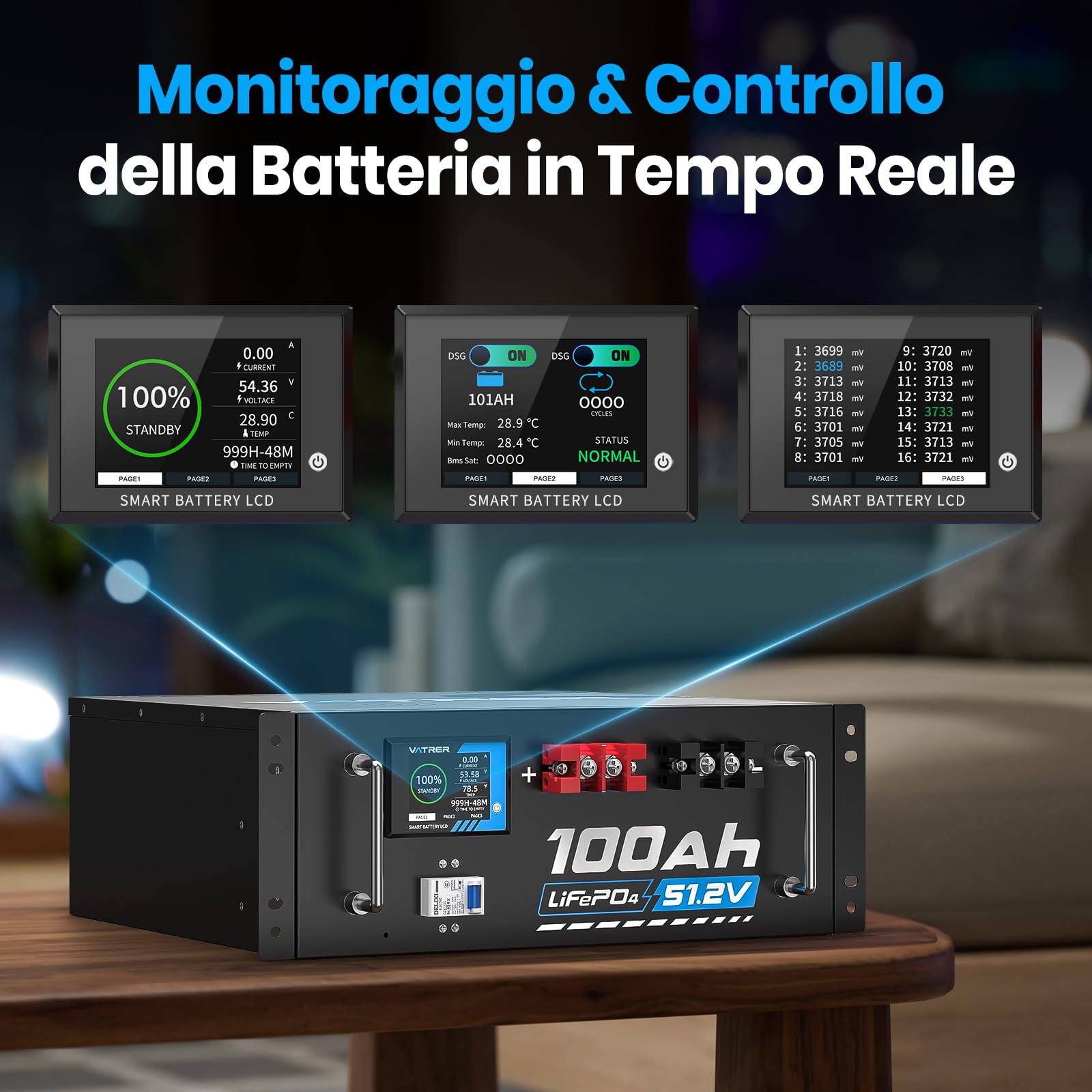 VATRER POWER 51.2V100AH Batteria Litio LiFePO4 con 100A BMS, Display Intelligente Tattile & APP Bluetooth, Max. 4800W, 5000+ Cicli Perfetto per Sistemi Solari Applicazioni Indipendenti dalla Rete