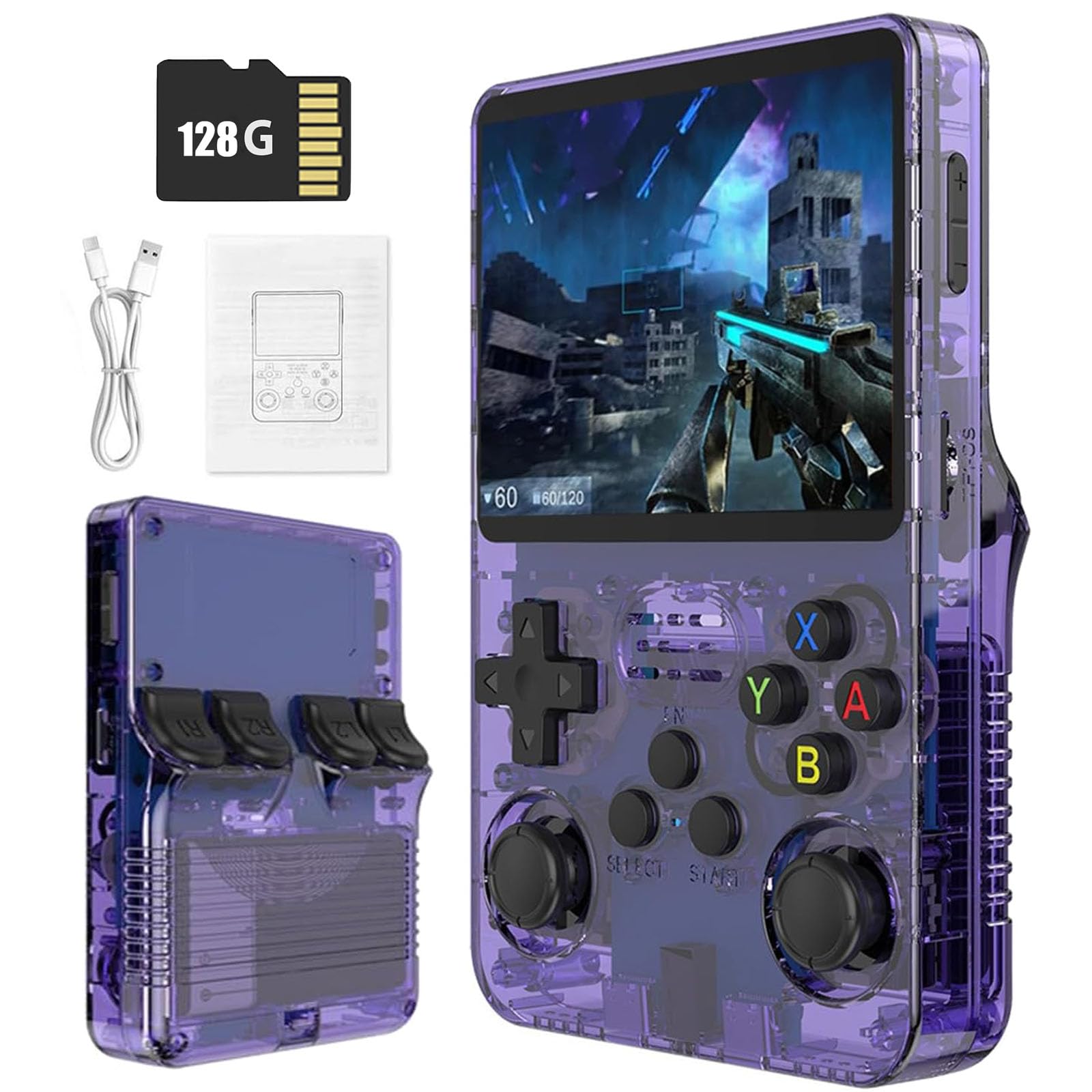 Retro Portable Game Console R36S-avec Système Linux Open Source, 21 000 Jeux Classiques, Écran IPS De 3,5 Po, 64 Go/128 Go, Mini Console De Jeu Portable-Purple||128GB