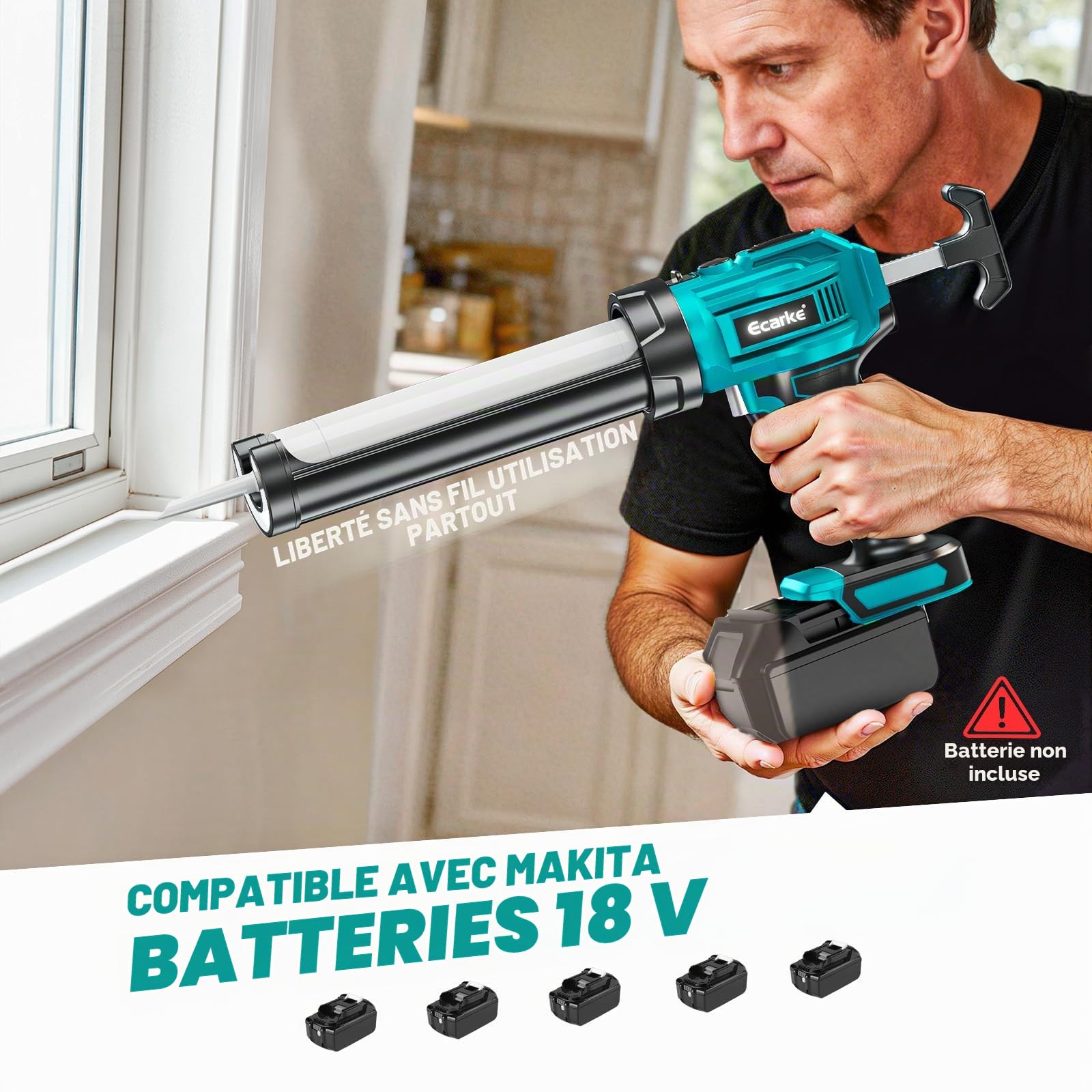 Ecarke Pistolet à Cartouche sans Fil compatible Makita 18V, Moteur Sans Balais, 6 Vitesses, LED, 300ml
