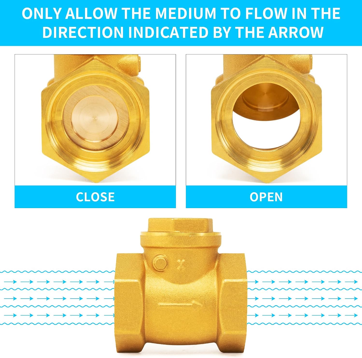 ChillWaves Brass Swing Check Valve DN50 2" Female Thread, One-Way Horizontal Non-return Check Valve for Backflow Prevention(1-PACK)
