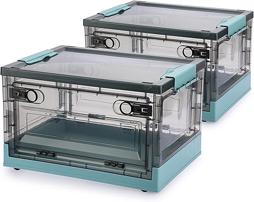 BTSKY Paquete de 2 contenedores de almacenamiento plegables con puertas laterales dobles, cajas de almacenamiento plegables de plástico transparente