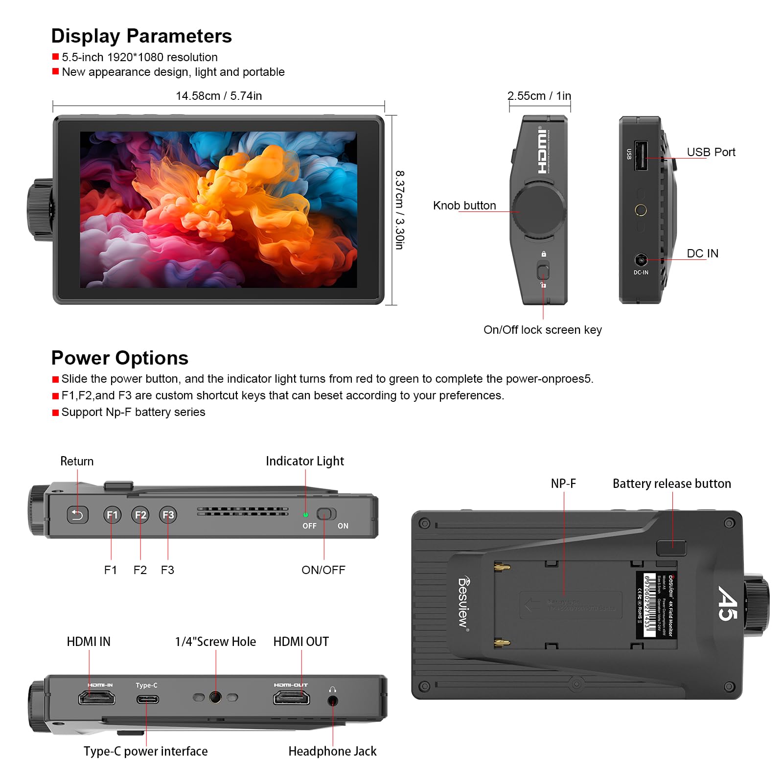 Desview A5 A5 ekran dotykowy 5,5 cala, monitor Full HD 1920 x 1080 IPS z 4K HDMI 2.0 Loop In/Out, 3D LUT Video Peaking Focus Assist do lustrzanki cyfrowej