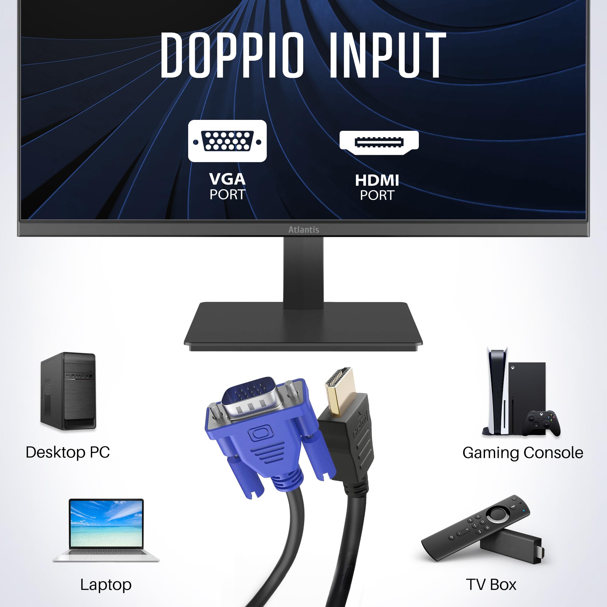 Atlantis Moniteur 24 Pouces, écran 24" VA 120Hz, Full HD 1920x1080, VGA HDMI, multimédia, FreeSync, Sortie Audio/Casque, inclin, réponse 5ms, Contraste 4000:1, Angle 178/178, câble HDMI 1,5 m
