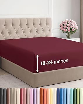 Extra Deep Queen Fitted Sheet - Single Fitted Sheet Only - Burgundy | Easily Fits 18 inch to 24 inch Mattress, Soft, Wrinkle Free, Breathable & Comfy, Extra Deep Pockets Hotel Luxury Fitted Sheet