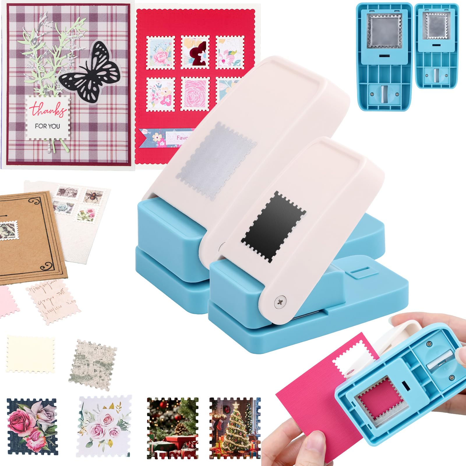 OTCRAFT 2Pcs/Set Stamp Puncher 1.5x1.5inch &1x0.8inch Rectangular Postage Stamp Punch |Stamp Hole Puncher| Lever Action Paper Punches for Crafting Scrapbooking DIY Card Making Arts Crafts Supplies — image 1