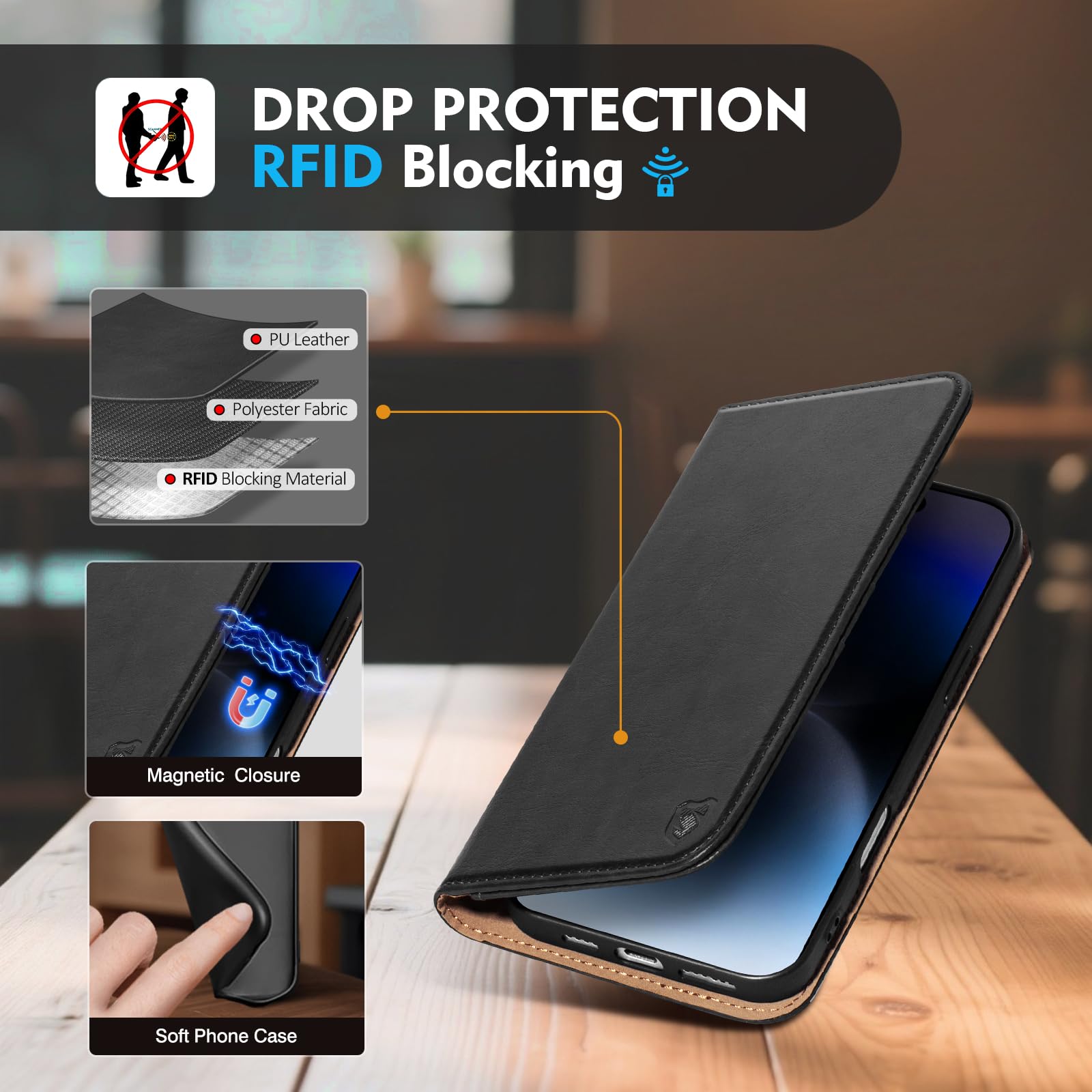 Custodia a portafoglio compatibile con iPhone 16 Plus con porta carte di credito [4 slot per schede] cavalletto [blocco RFID] custodia protettiva a portafoglio in pelle PU antiurto per Apple
