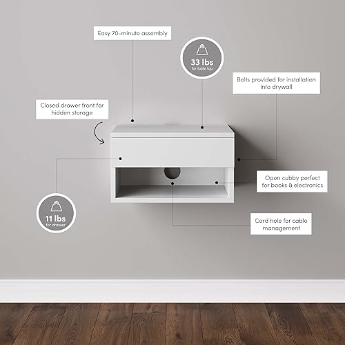 Miniatura 4 de Nathan James Jackson - Mesa de noche flotante montada en la pared para dormitorio con cajón de almacenamiento y estante abierto moderno tipo