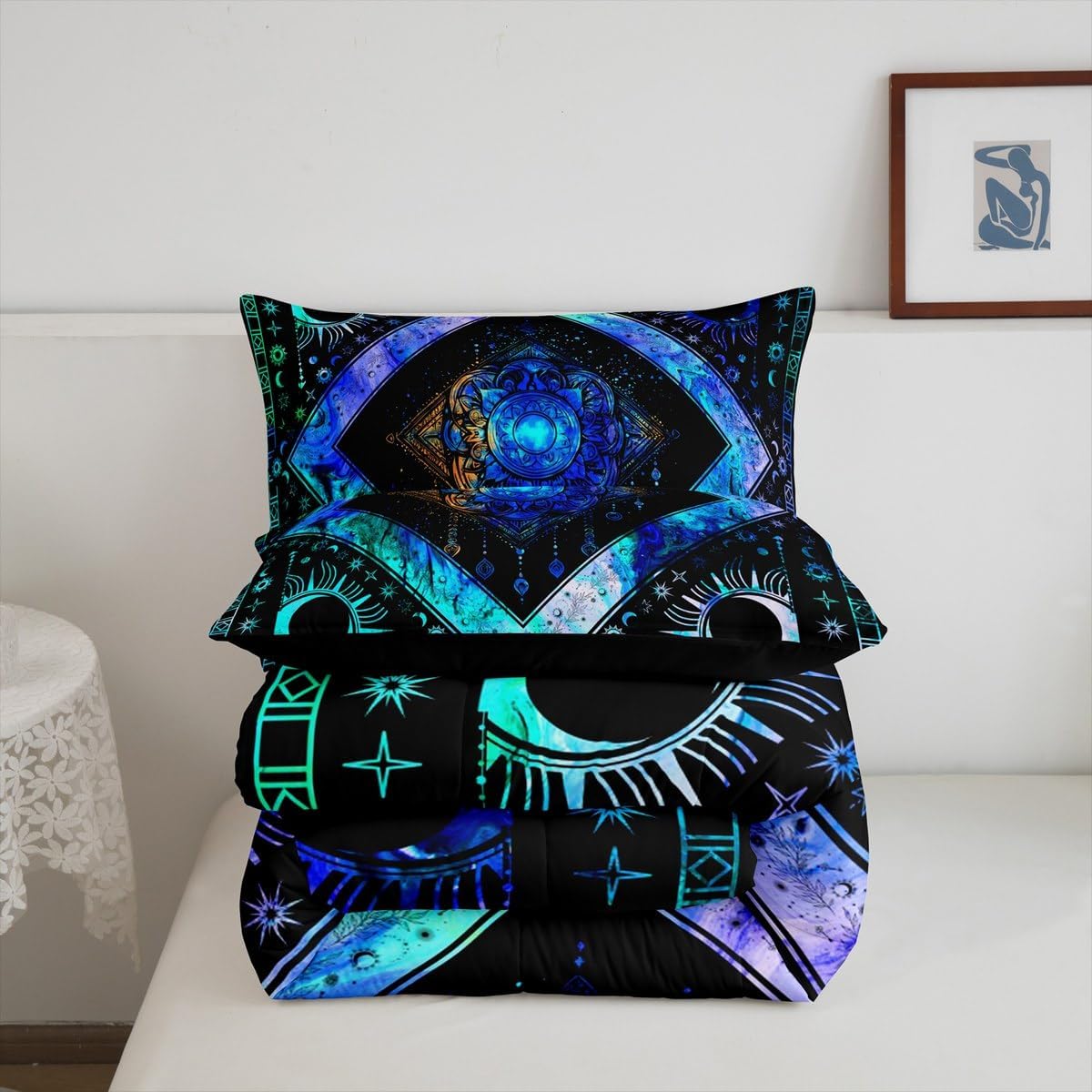 Boho Dream Catcher Bedding Set Full Size Sun Moon Print Comforter Set Bohemian Tribe Bedding Comforters & Sets Celestial Astrology Decor Duvet Set Blue Tie Dye Quilt Set Black Soft Breathable 3pcs
