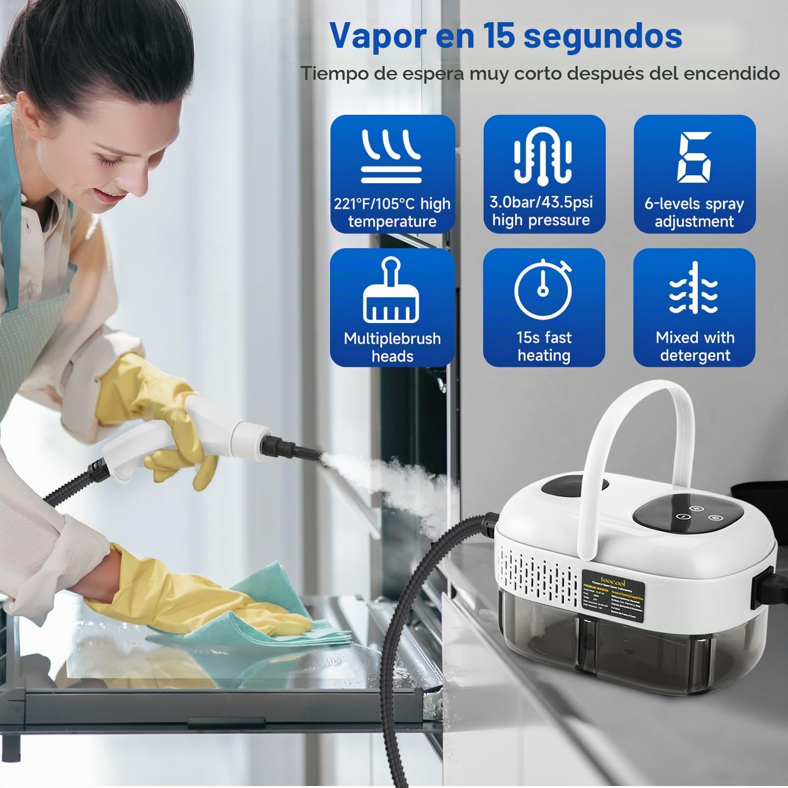 Limpiador de Vapor 2500W Alta Presión 1100ml Portátil con 3 Cabezales de Cepillo Blanco