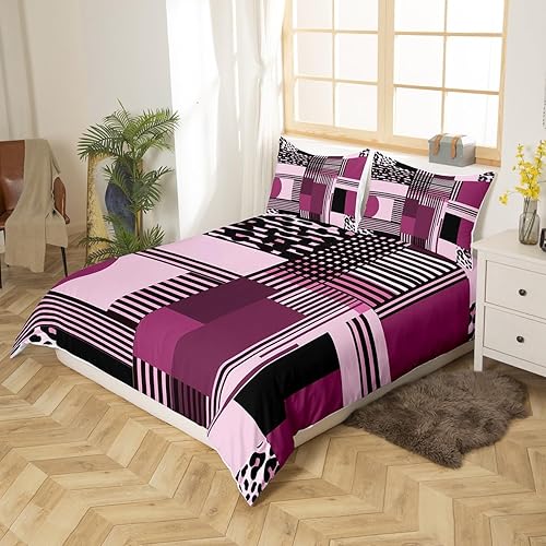 Miniatura 8 de Manfei Juego de funda de edredón geométrica tamaño matrimonial, juego de ropa de cama de 3 piezas con estampado de leopardo a rayas marrones para