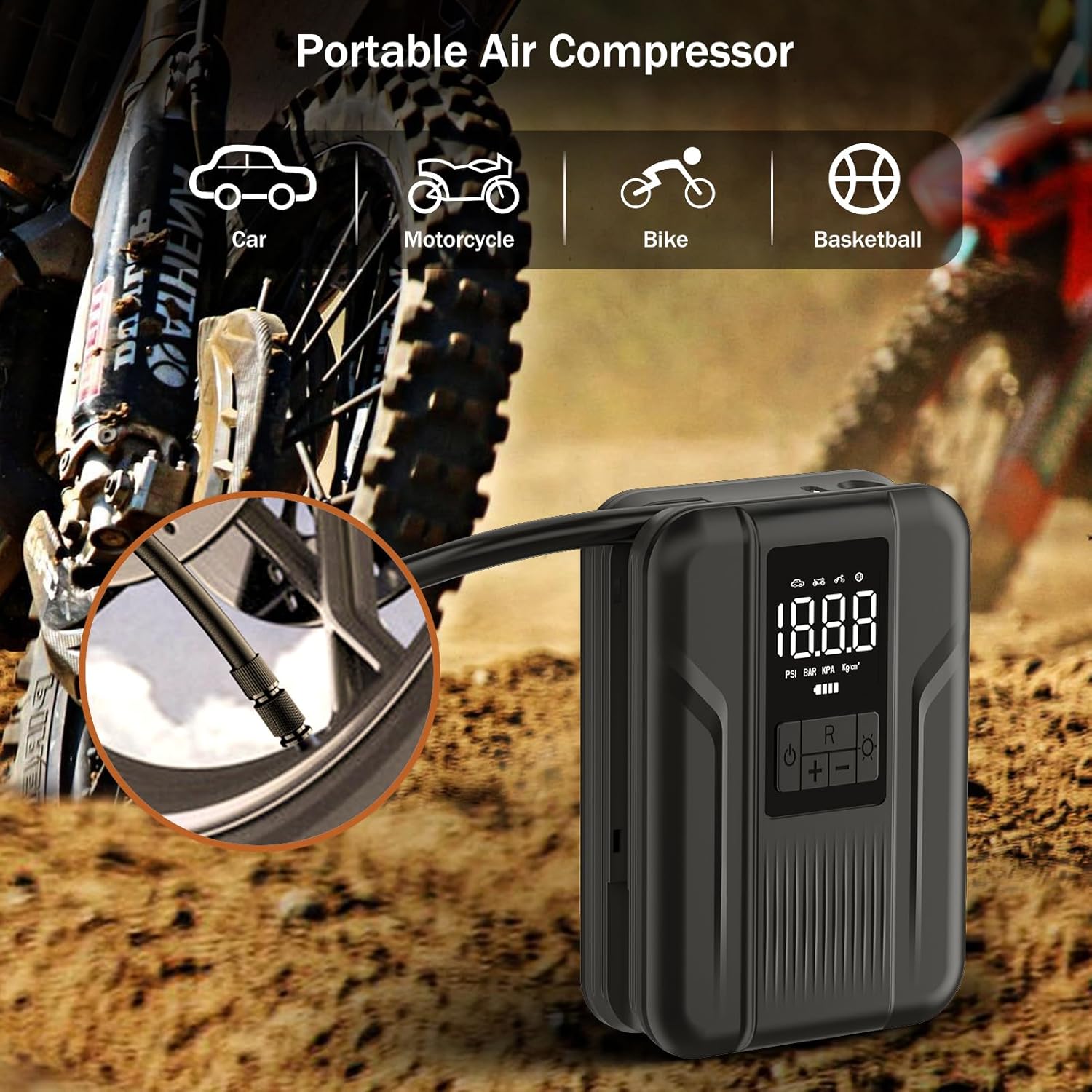 Tire Inflator Portable Air Compressor Portable Air Pump for Car Tires Inflator 150 PSI & 5000mAh Battery Tire Pump for Motorcycle/Bicycle Tires and Balls with Digital Pressure Gauge & LED Light - Image 3