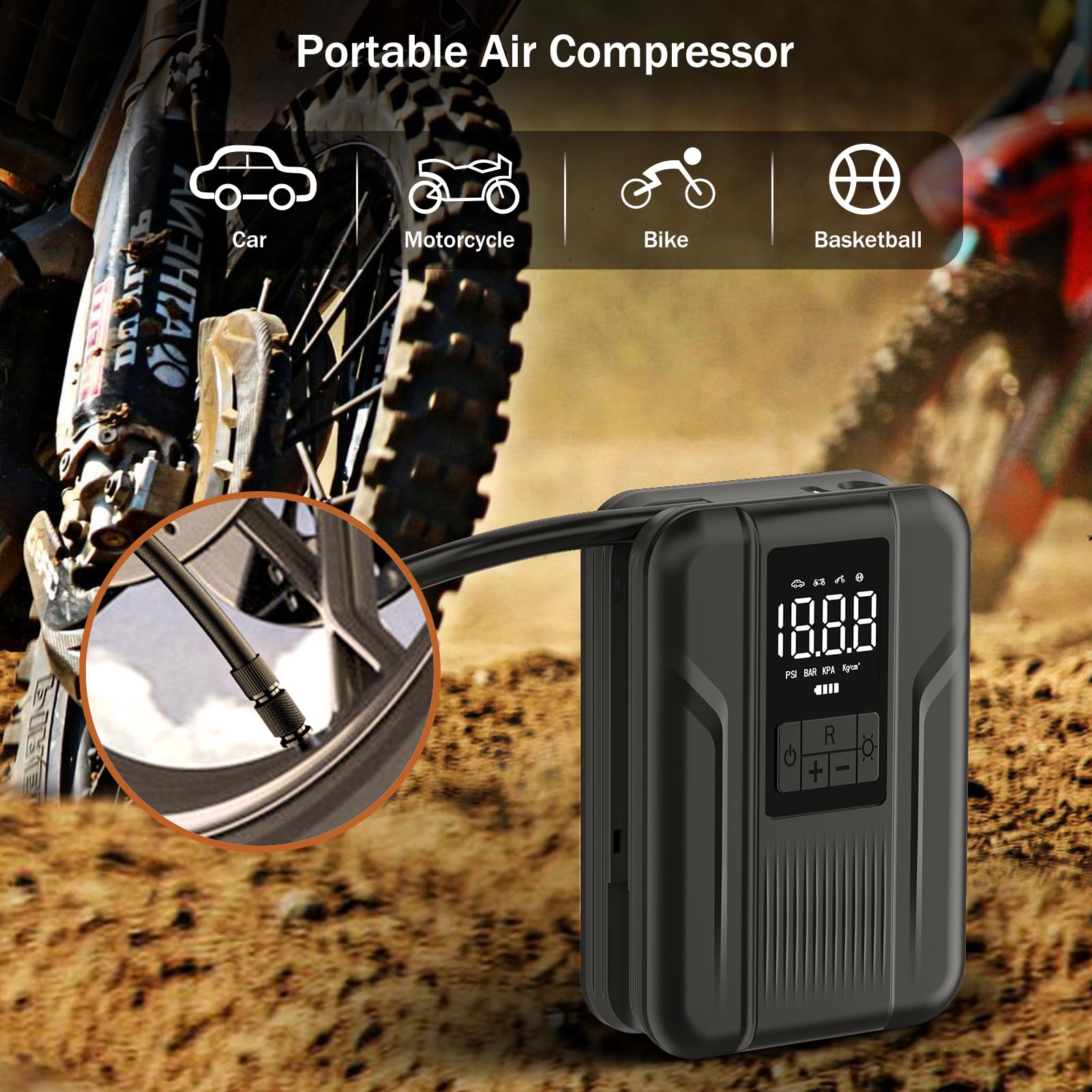 Tire Inflator Portable Air Compressor Portable Air Pump for Car Tires Inflator 150 PSI & 5000mAh Battery Tire Pump for Motorcycle/Bicycle Tires and Balls with Digital Pressure Gauge & LED Light