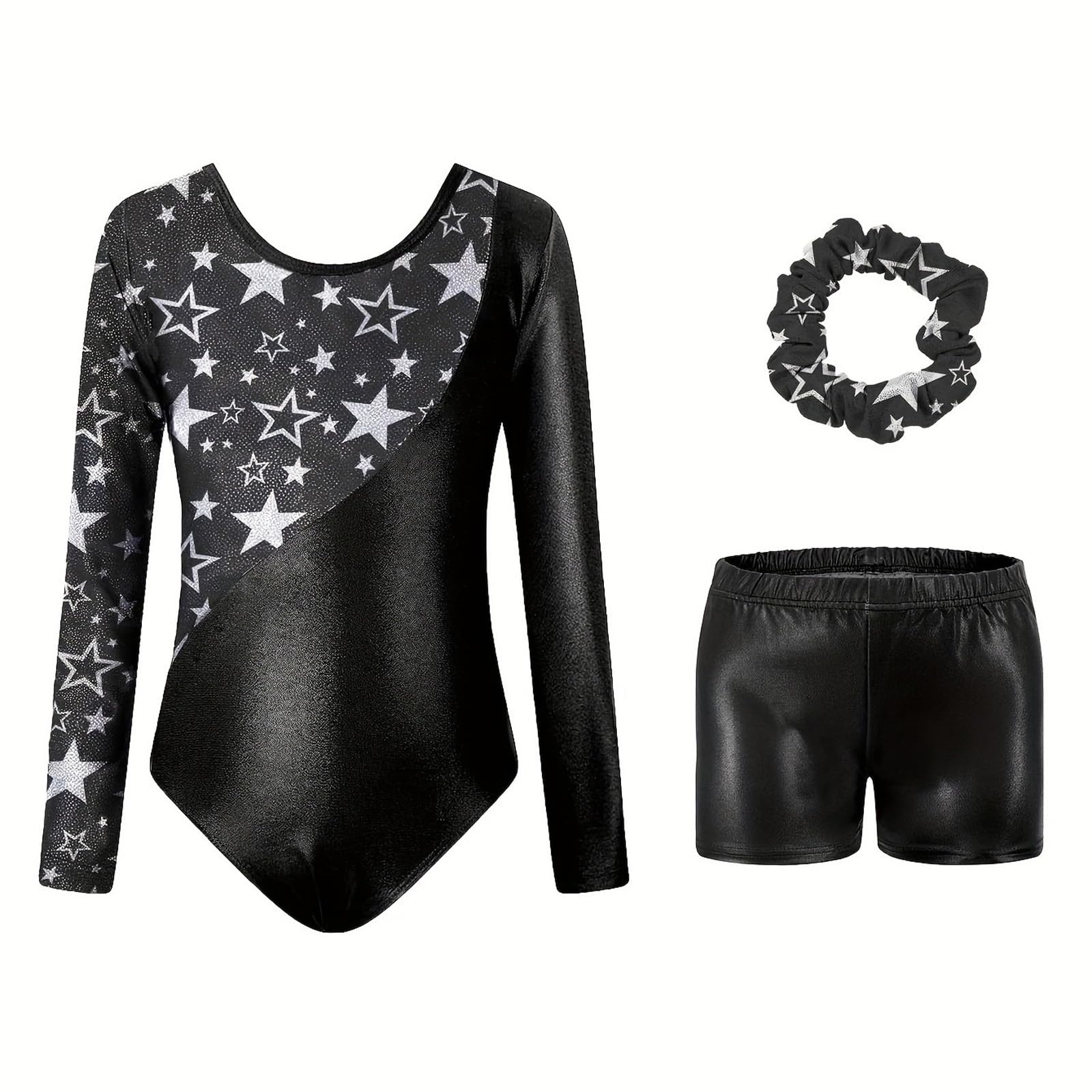Fresilkora Girls Black Gymnastics Leotards For 5-6 Years, Shining Stars Long Sleeve Kids Leotards,Gymnastics Outfit,Sparkly ’Gymnastics Leotard Set With Shorts,Hairband-Sparkling Gradient Design