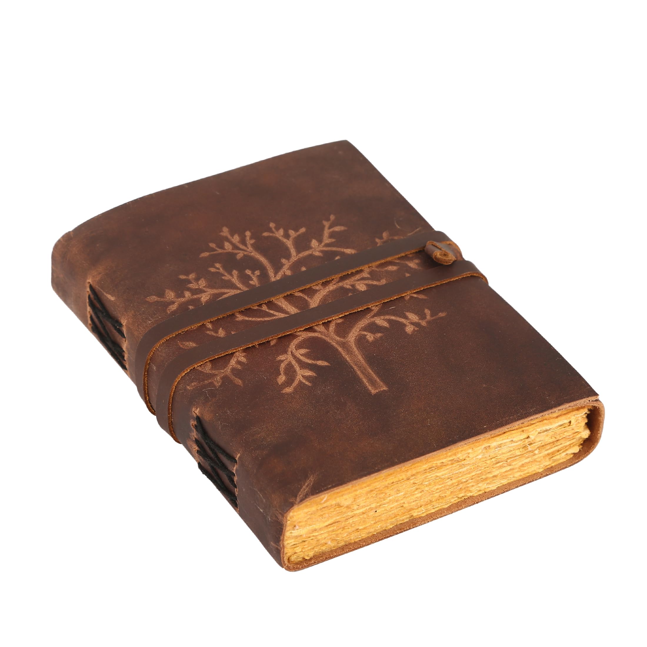 ANANYOM Handmade Leather Journal, Reddish Brown, Soft Buff Leather Tree Of Life Notebook Diary, Sketchbook with Leather String Bound Lock, Embossed