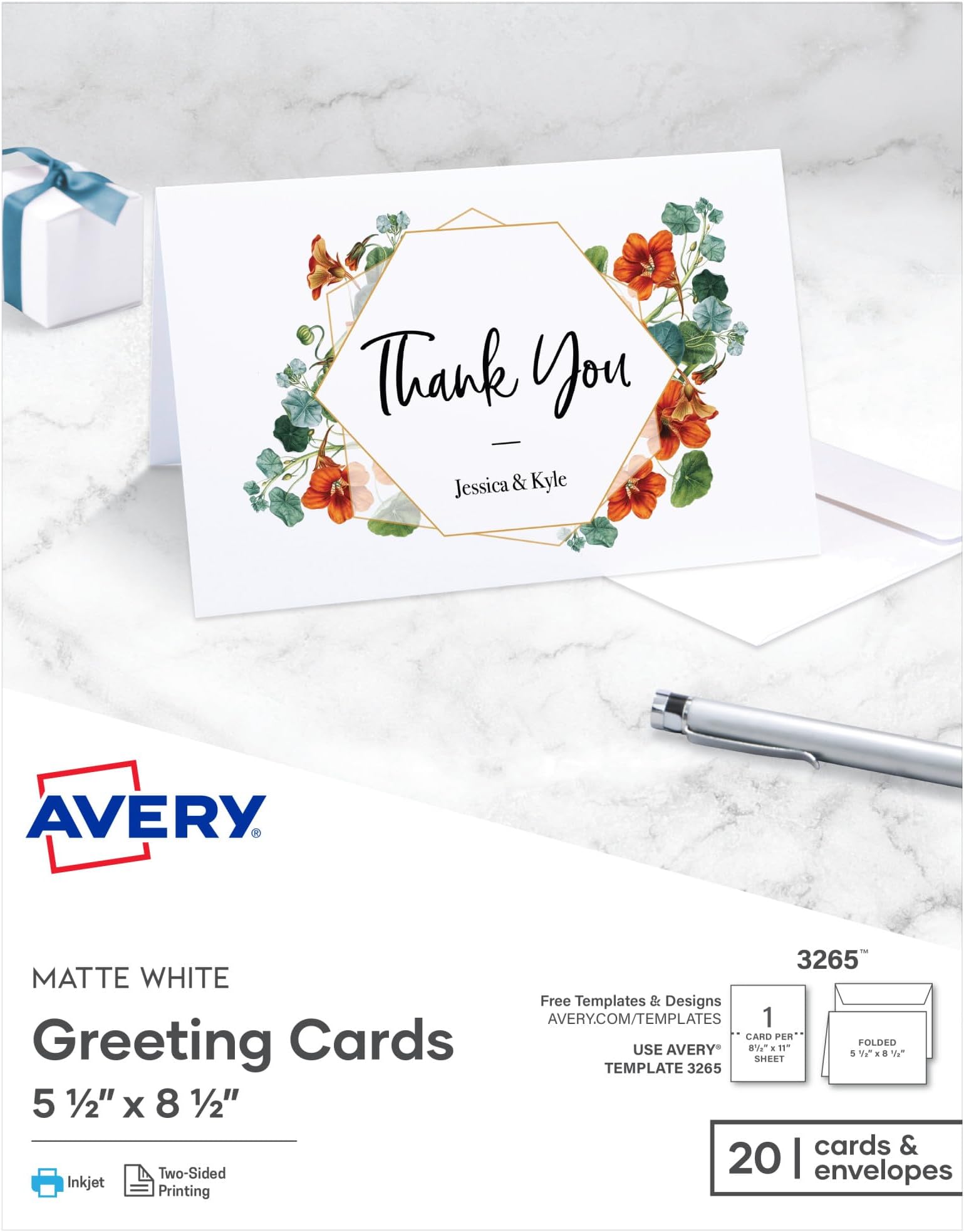 Printable Half-Fold Greeting Cards, Envelopes Included, 5.5" x 8.5", Matte White, Inkjet Printer Compatible, 20 Blank Cards Total, Great for Product Branding, Marketing, and More (3265)
